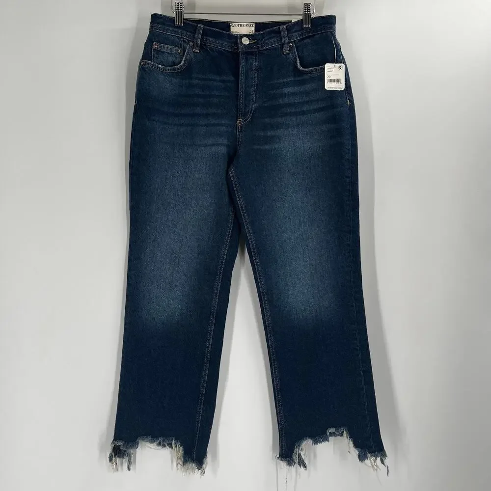 Free People WTF Maggie Mid Rise Straight Raw Hem Jeans Dark Wash NEW 29